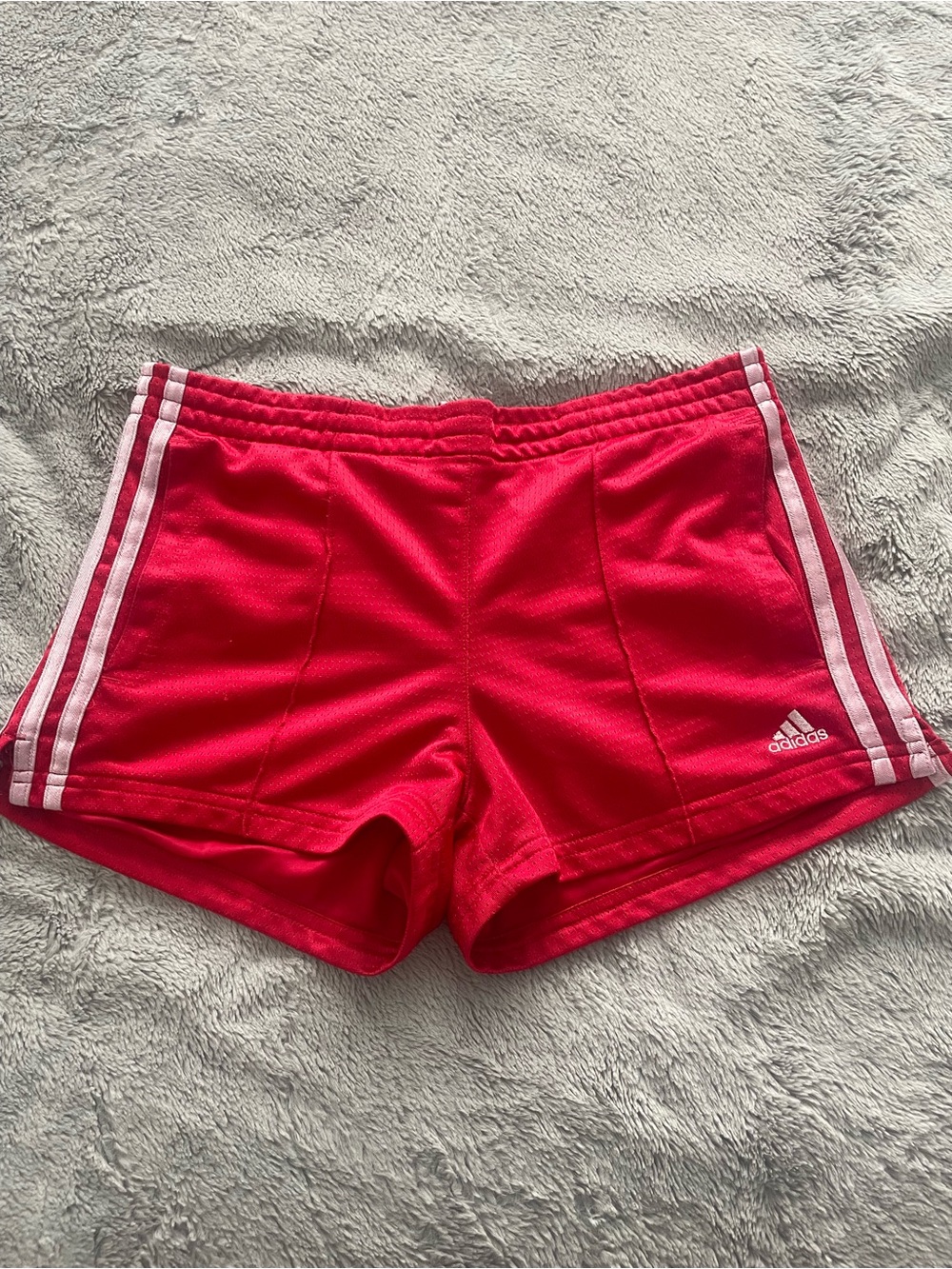 adidas Women’s Red Athletic Shorts with Light Pink Stripes